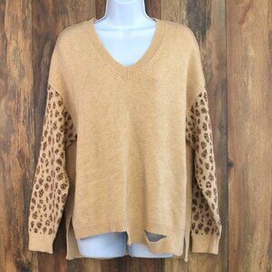 Tan Cookie Color Women's V Neck Sweater with Slits L